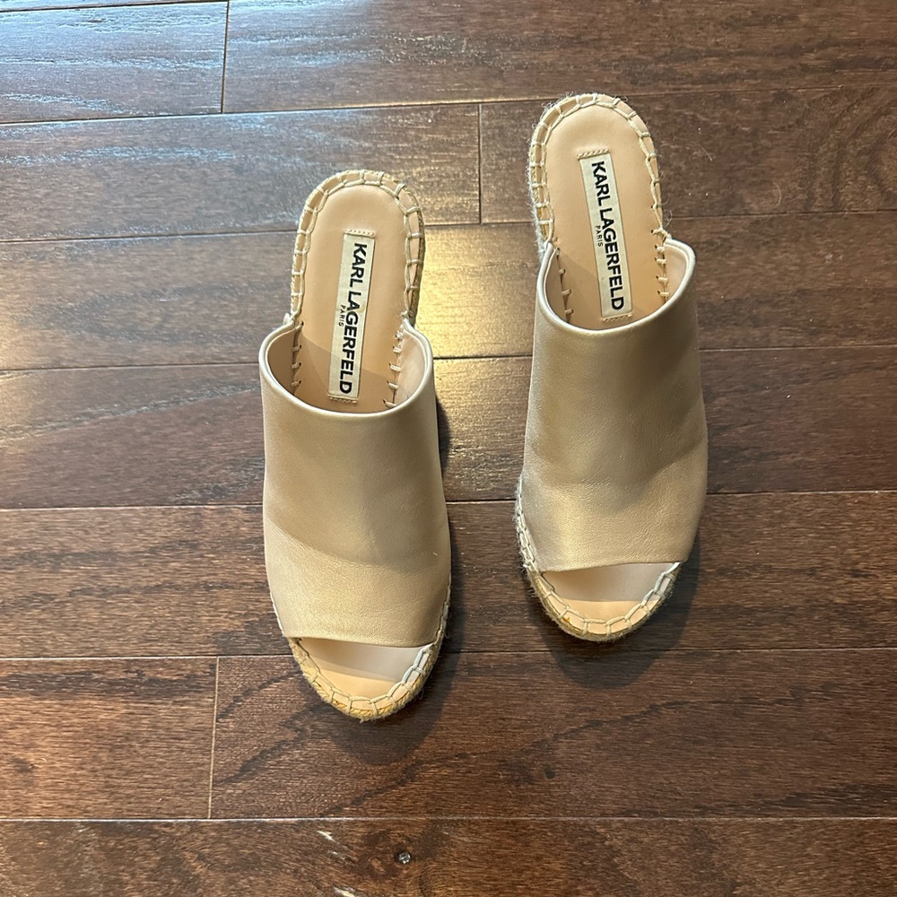 Karl Lagerfeld gold leather wedge espadrilles, size 6
